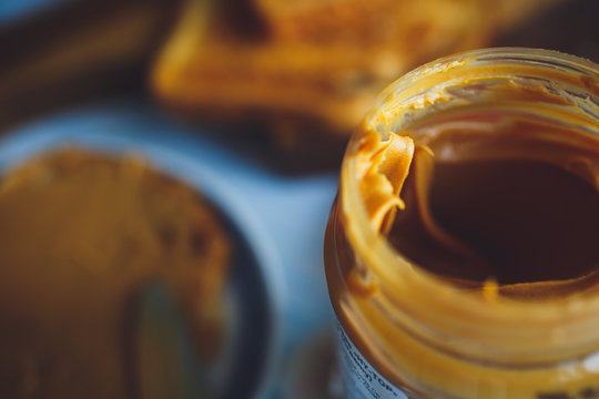 Open jar of peanut butter 