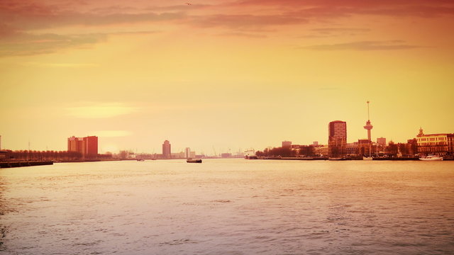 The river of Rotterdam at sunset, The Netherlands 4K