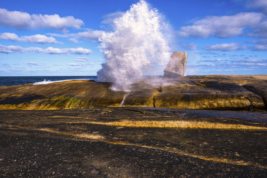 The Bicheno Blowhole, a hole in the granite rocks which concentrates even small waves into powerful jets of water.