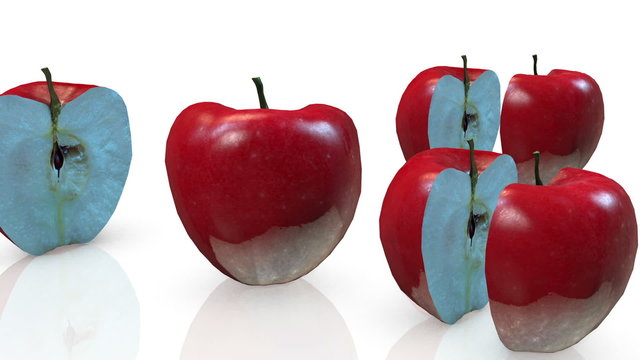 A set of realistic red 3D apples halved and rotating against a white background 
