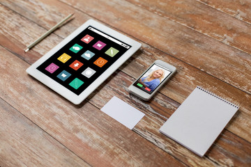 close up of notebook, tablet pc and smartphone