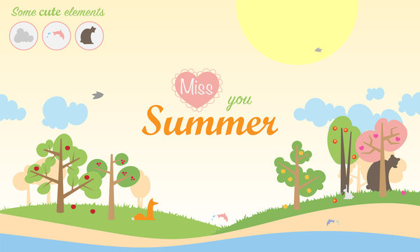 Summer season vector illustration. Landscape with trees with berries and fruits, lake with fish, sun and clouds, birds and different animals fox, rabbit, bear. Inscription in center Miss You Summer.