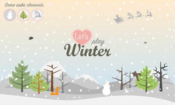 Winter season vector illustration. Landscape with trees, mountains, frozen lake, birds and different animals fox, rabbit, bear. Santa Claus flying with deers. Inscription in center Let's Play Winter.