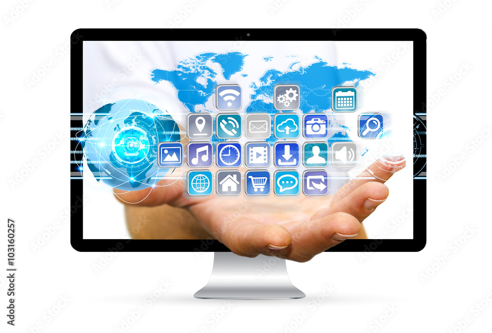 Poster Businessman escaping from computer using modern digital applicat