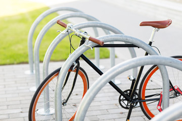 close up of fixed gear bicycle at street parking