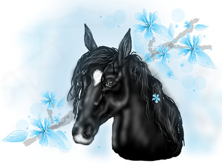 Obraz premium Black horse illustration with blue flowers