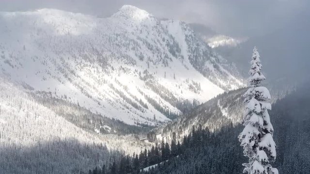 Winter Landscape of Snow Covered Valley with Rolling Fog Clouds and Moving Shadows in Mountain Forest Time-lapse