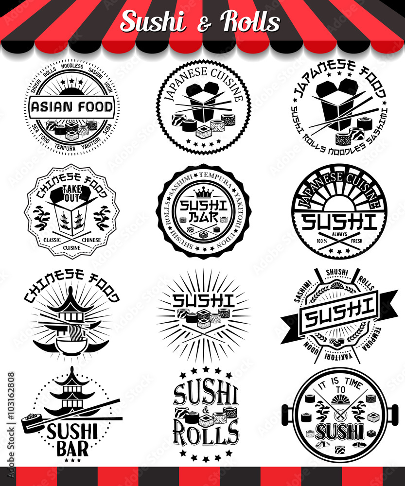 Wall mural Sushi and rolls labels set. Japanese and chinese cuisine vector logos and badges . Asian food vector illustration