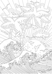 Obraz premium Adult Coloring book – illustration. Tattoo set: Waves. Vector illustration.