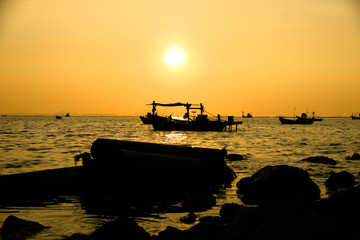  Silhouettes of boats at sunset &ndash; Stock Image