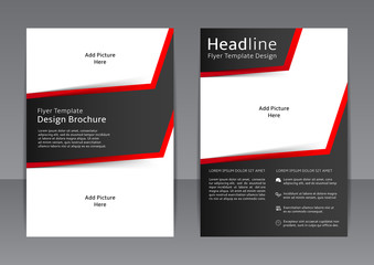 Vector design of the black flyer, cover, brochure, poster, report with red elements and places for pictures. Vector template for your business in A4 size.