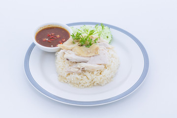 Steamed chicken with rice and spicy sauce