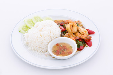 Shrimps with chili, basil, sunny-side-up, stream rice.