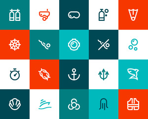 Scuba diving icons. Flat style