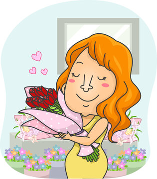 woman holding red roses, smiling clip art preview