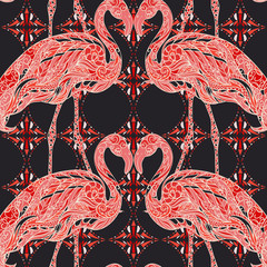 Naklejka premium Seamless pattern with flamingo decorated with floral ornament and geometric elements. Vintage colorful hand drawn vector illustration