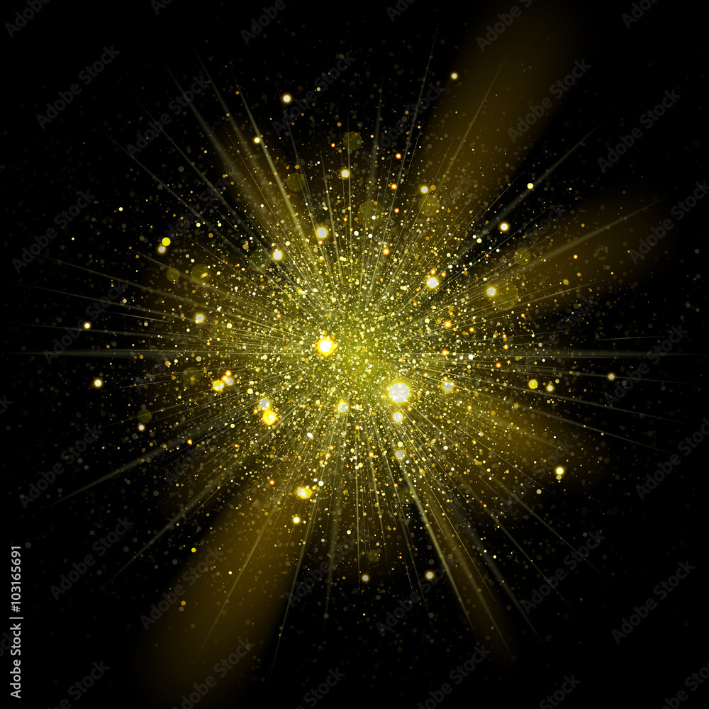 Aufkleber vector gold star sparkles in explosion. glittering shining particles in starry space