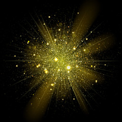 Vector gold star sparkles in explosion. Glittering shining particles in starry space