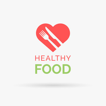 Eat healthy food icon with red heart, fork and knife. Healthy heart and diet symbol. Vector illustration.