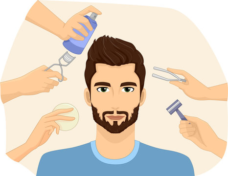 man getting grooming, various tools, light background clip art preview