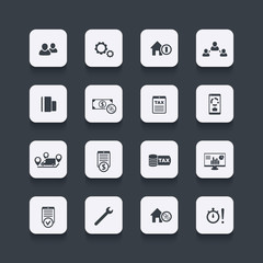 16 finance, costs, tax icons, rounded square set, vector illustration