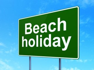 Vacation concept: Beach Holiday on road sign background