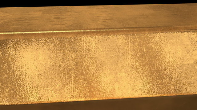 An ultra realistic macro scene of a large 3D gold bar against a black background.
