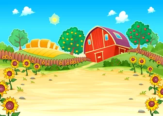 Foto auf Alu-Dibond Funny landscape with the farm and sunflowers © ddraw