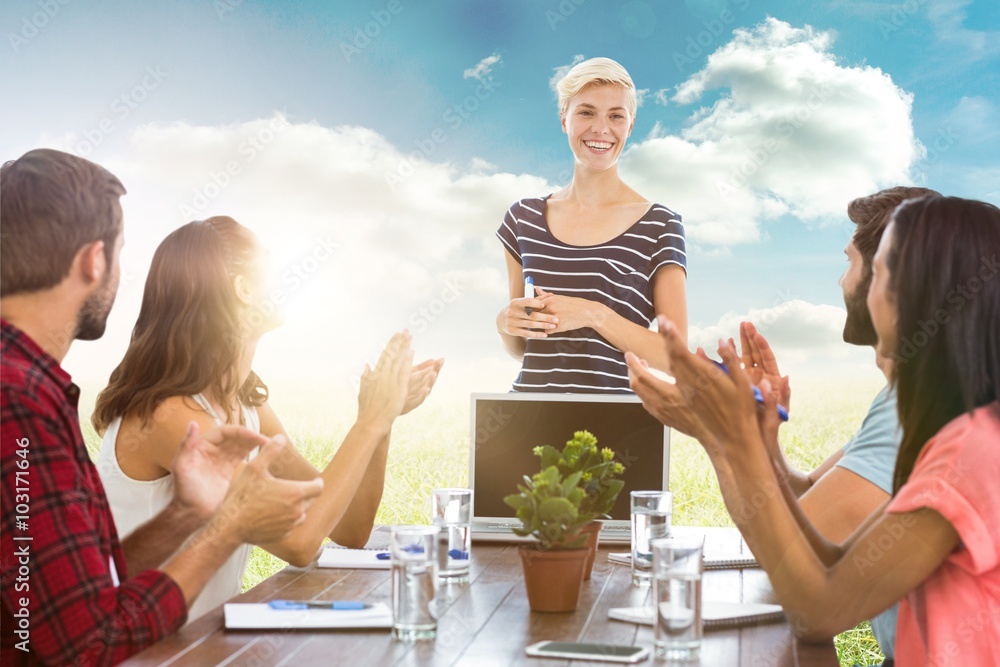Poster composite image of colleagues clapping hands in a meeting
