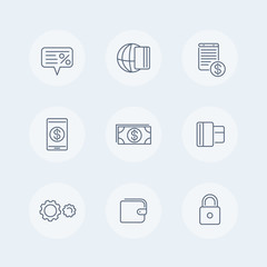 Payment methods thin line icons, electronic payment, credit card, wallet, mobile payment, cash icons, vector illustration