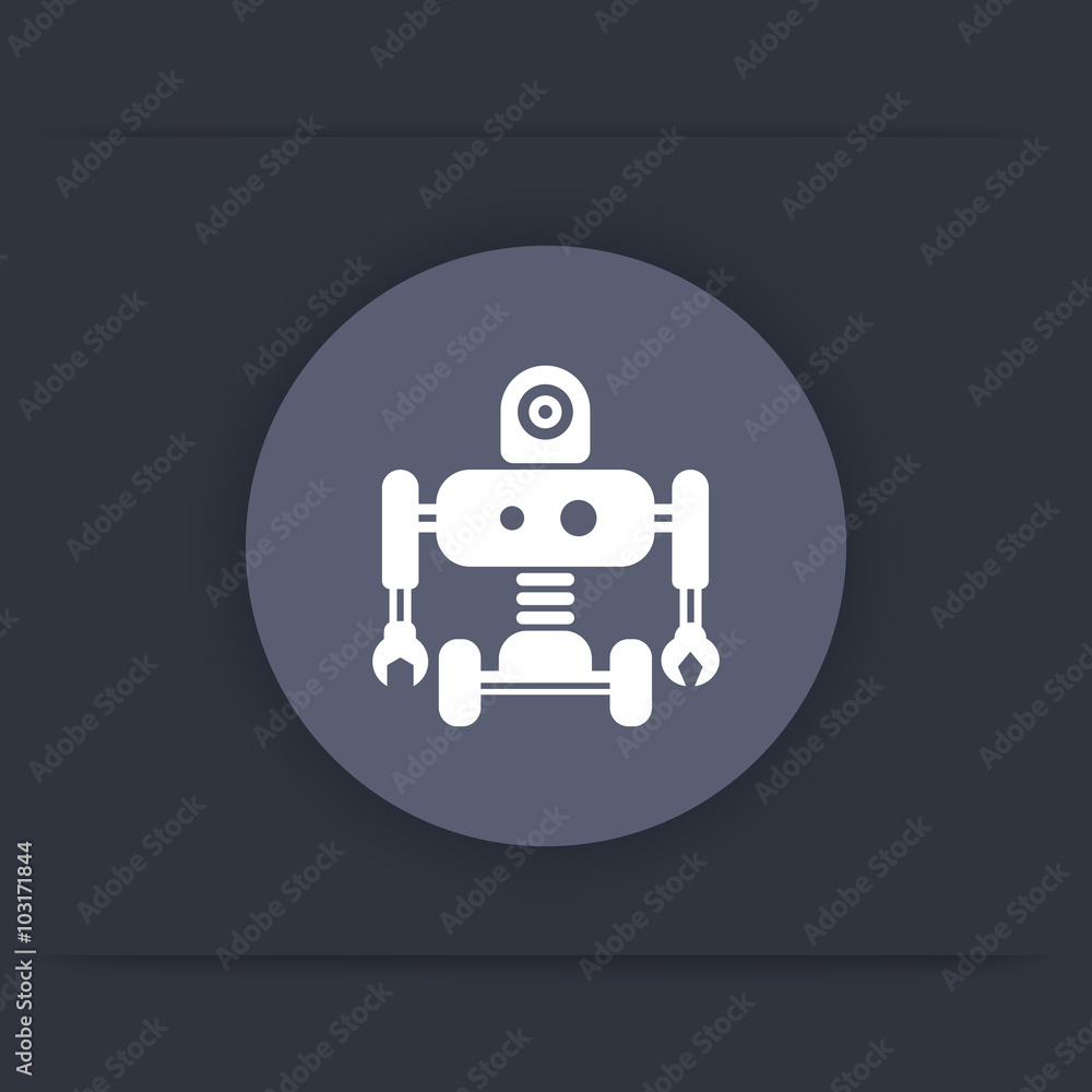 Poster robotics icon, mechanical engineering, artificial intelligence, robot round flat icon, vector illust