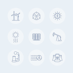 Power, energy production, energetics, nuclear energy thin line icons, vector illustration