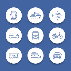 Transport line icons, car, van, minivan, bus, train, airplane, ship round icons, vector illustration
