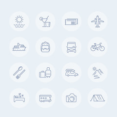 Travel, tourism thin line icons, trip, recreation, vacation, camping, cruise, journey, outdoors, vector illustration