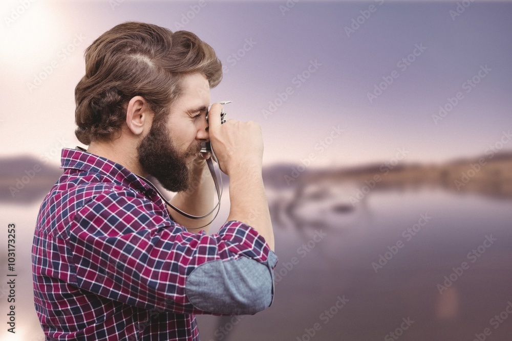Poster composite image of side view of hipster taking photos with camera