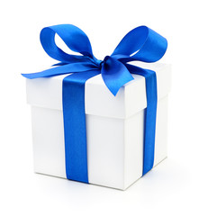 Gift box with blue ribbon.