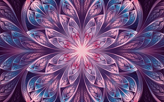 Abstract fractal background, violet-blue mosaic ornamental pattern with curved stripes and metallic gloss