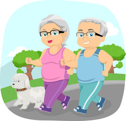 Senior Citizen Couple Walking Dog Work Out