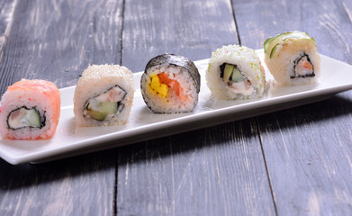 Sushi rolls on a platter