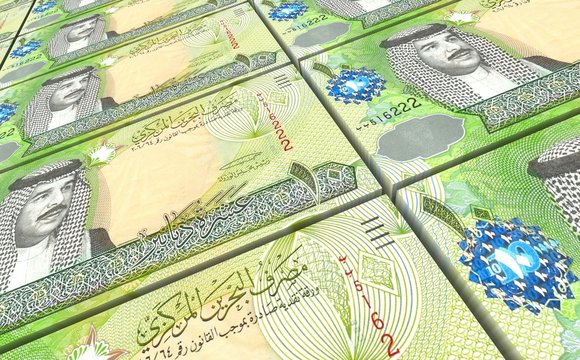 Bahraini dinar bills stacks background. Computer generated 3D photo rendering.