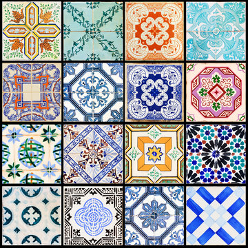 Beautiful collage of all kind of different tiles of the houses of Lisbon, Portugal
