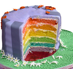 Multi layered rainbow cake with slice cut to show colours