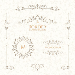 Collection of decorative elements. Vector borders and monograms.