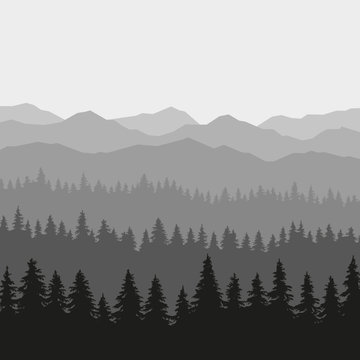 Coniferous Forest and Mountains Background. Vector