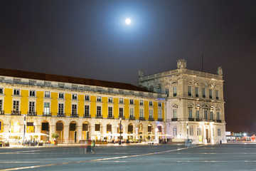 Full moon over the Commerce square in Lisbon, Portugal