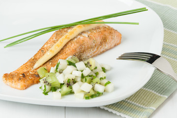 Baked Salmon Fillet. Homemade Salsa Made Of Kiwi, Pears, Chives