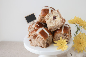 Easter Hot cross buns, selective focus