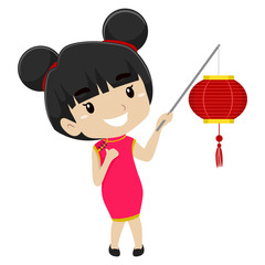 Illustration of a Girl wearing Chinese Costume holding Chinese Lantern