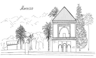 Hand drawn sketch of Morocco, Marrakech, Menara Gardens with lettering isolated