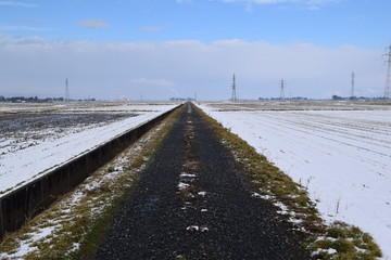 Fototapeta na wymiar 雪の田園風景／山形県の庄内地方で、積雪約3cmの田園風景を撮影した、冬イメージの写真です。